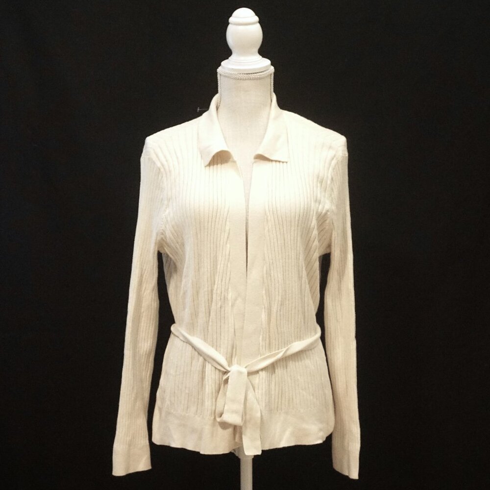 Skin Butter Cream Open Front Ribbed Collared Tied Waist Cardigan Women’s Medium
